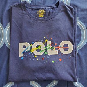 Large Navy Blue Polo t-shirt with multi-colored paint design